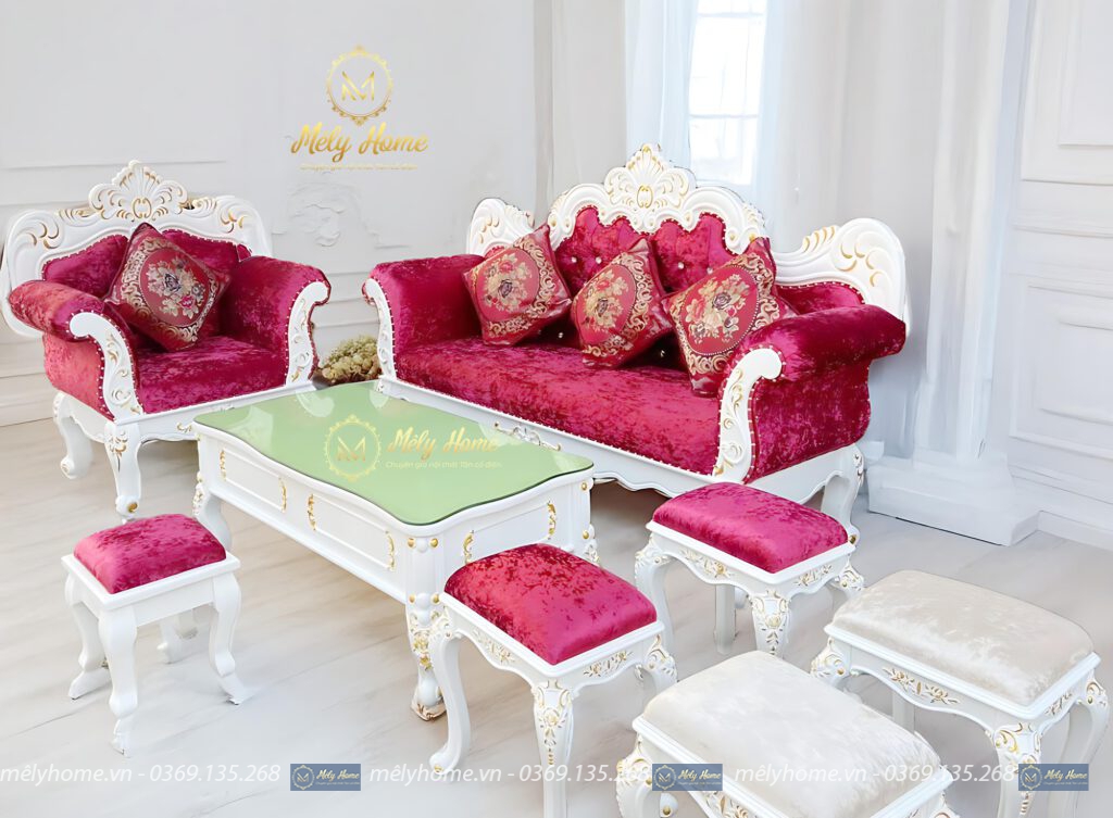 Bộ sofa hoàng gia giá rẻ gồm 1 văng dài 2m2, 1 ghế đơn 1m, bàn trà 1m2 và 3 đôn nhỏ, khung phun màu trắng, bọc nhung màu đỏ rực rỡ
