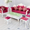 Bộ sofa hoàng gia giá rẻ gồm 1 văng dài 2m2, 1 ghế đơn 1m, bàn trà 1m2 và 3 đôn nhỏ, khung phun màu trắng, bọc nhung màu đỏ rực rỡ