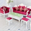 Bộ sofa hoàng gia giá rẻ gồm 1 văng dài 2m2, 1 ghế đơn 1m, bàn trà 1m2 và 3 đôn nhỏ, khung phun màu trắng, bọc nhung màu đỏ rực rỡ