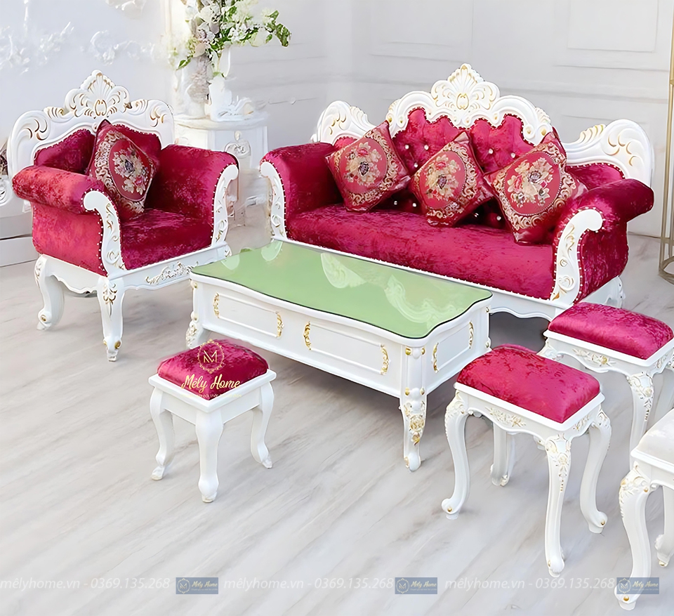Bộ sofa hoàng gia giá rẻ gồm 1 văng dài 2m2, 1 ghế đơn 1m, bàn trà 1m2 và 3 đôn nhỏ, khung phun màu trắng, bọc nhung màu đỏ rực rỡ