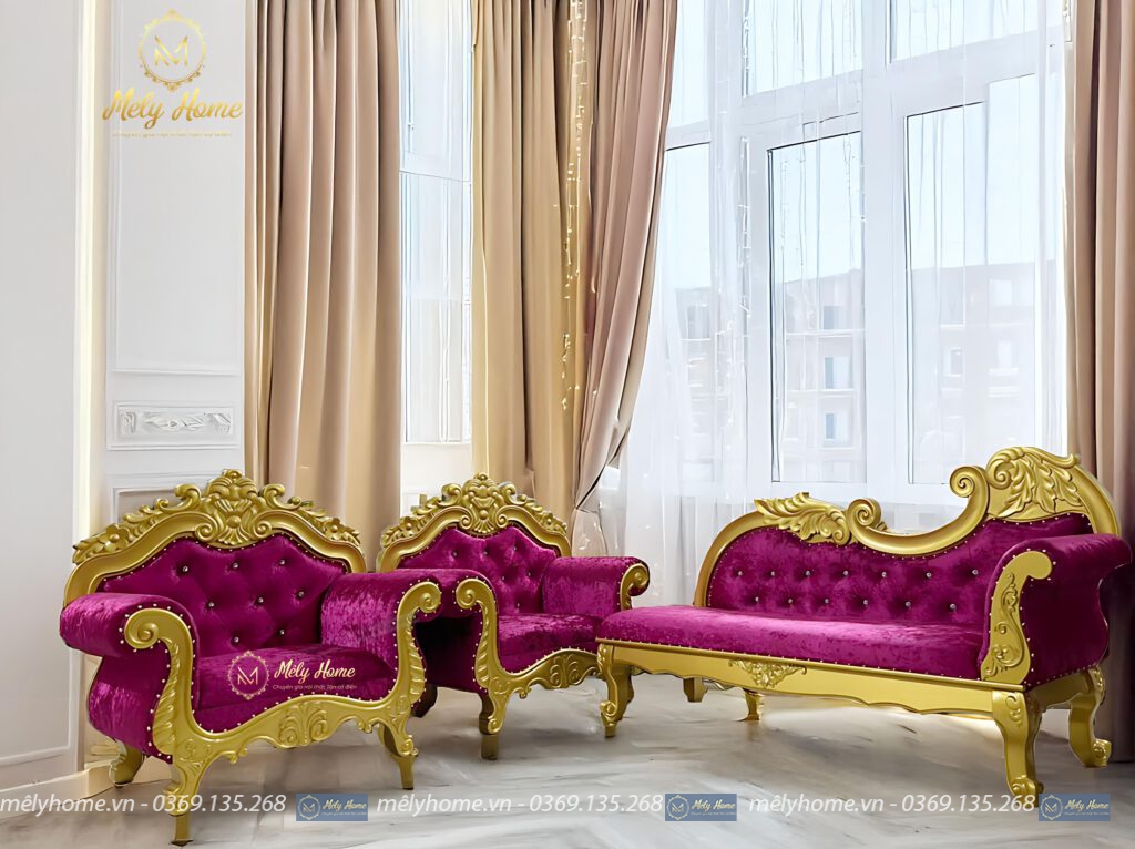 Bộ sofa phong cách tân cổ điển dành cho spa, gồm 2 ghế đơn và 1 ghế quý phi, khung phun màu vàng, bọc nhung màu đỏ rất đẹp mắt