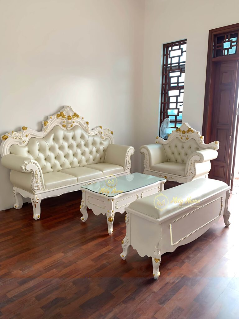 Bộ sofa da màu kem phong cách tân cổ điển dành cho tiệm nail, spa, gồm văng dài 2m2, ghế băng 2m, ghế đơn 1m, bàn trà 1m2