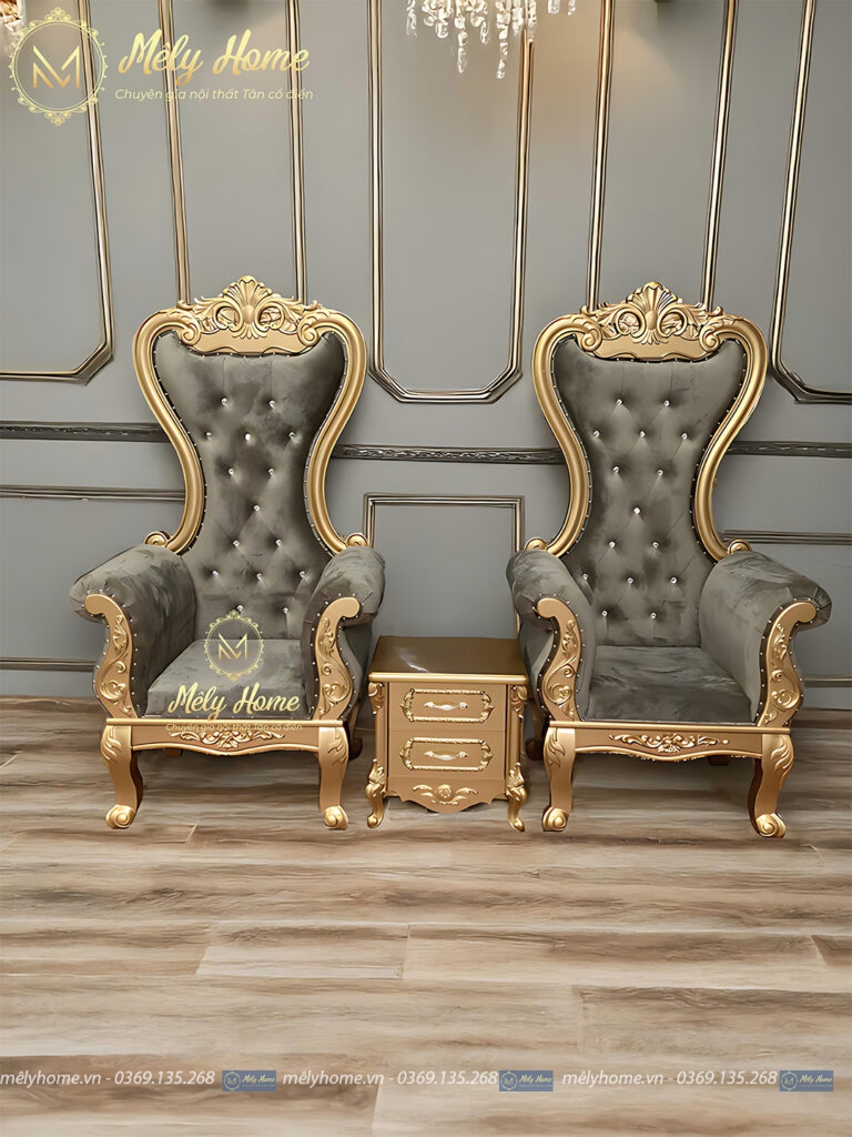 Bộ ghế nữ hoàng phong cách tân cổ điển, gỗ MDF, gồm 2 ghế khung vàng, bọc nhung màu xám, kích thước 90cmx1m5, táp màu vàng