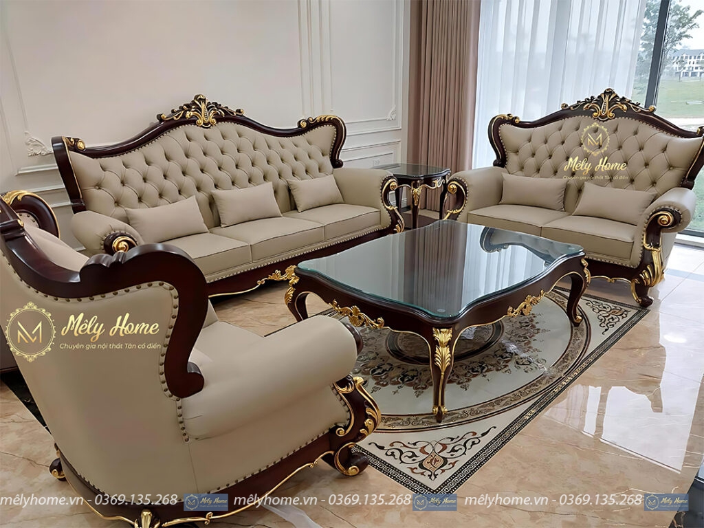 Bộ sofa tân cổ điển phân khúc cao cấp, gỗ gõ, da carola, gồm văng dài 2m2, 2 ghế đoản 1m2, bàn trà 1m2