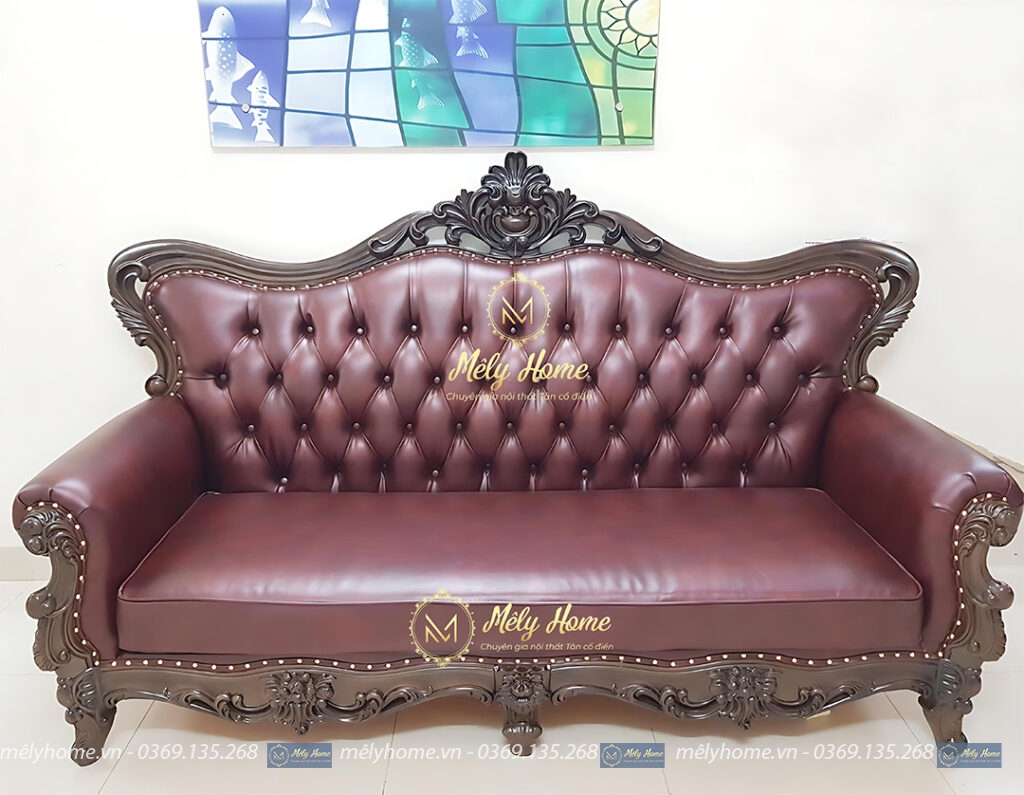 Ghế sofa tân cổ điển dài 2m2, khung gỗ sồi Nga, bọc da màu nho chín sang trọng