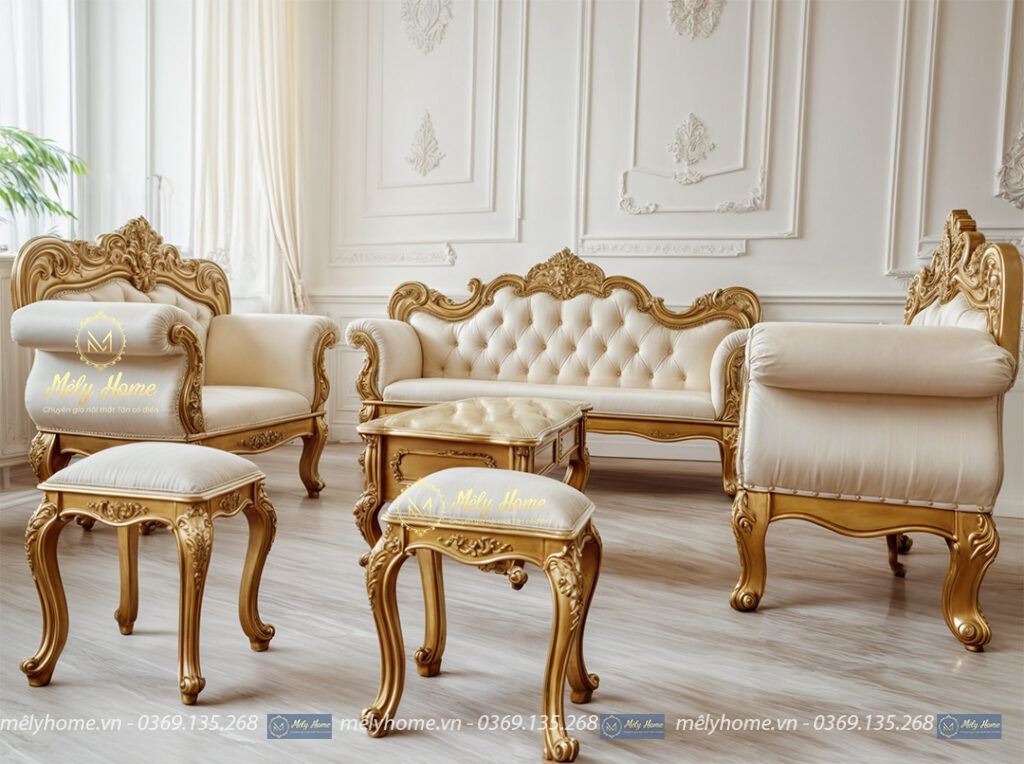 Bộ sofa tân cổ điển giá rẻ màu đồng gồm 1 văng dài, 2 ghế đơn, bàn trà và 2 đôn, chuyên dụng cho spa