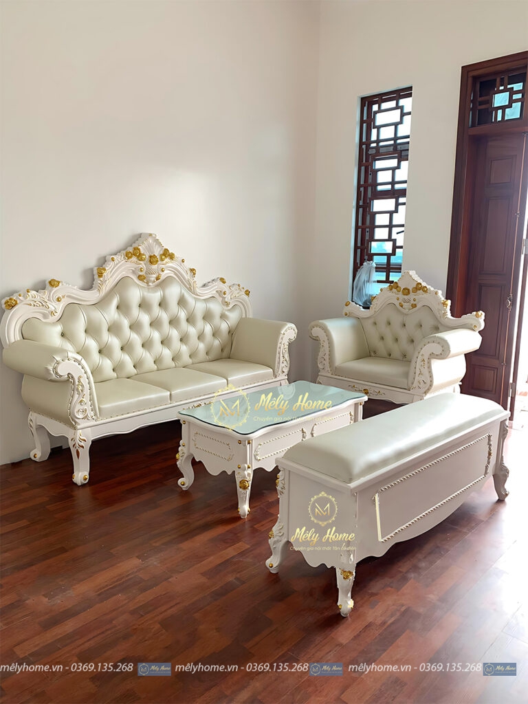 Bộ sofa da màu kem phong cách tân cổ điển dành cho tiệm nail, spa, gồm văng dài 2m2, ghế băng 2m, ghế đơn 1m, bàn trà 1m2
