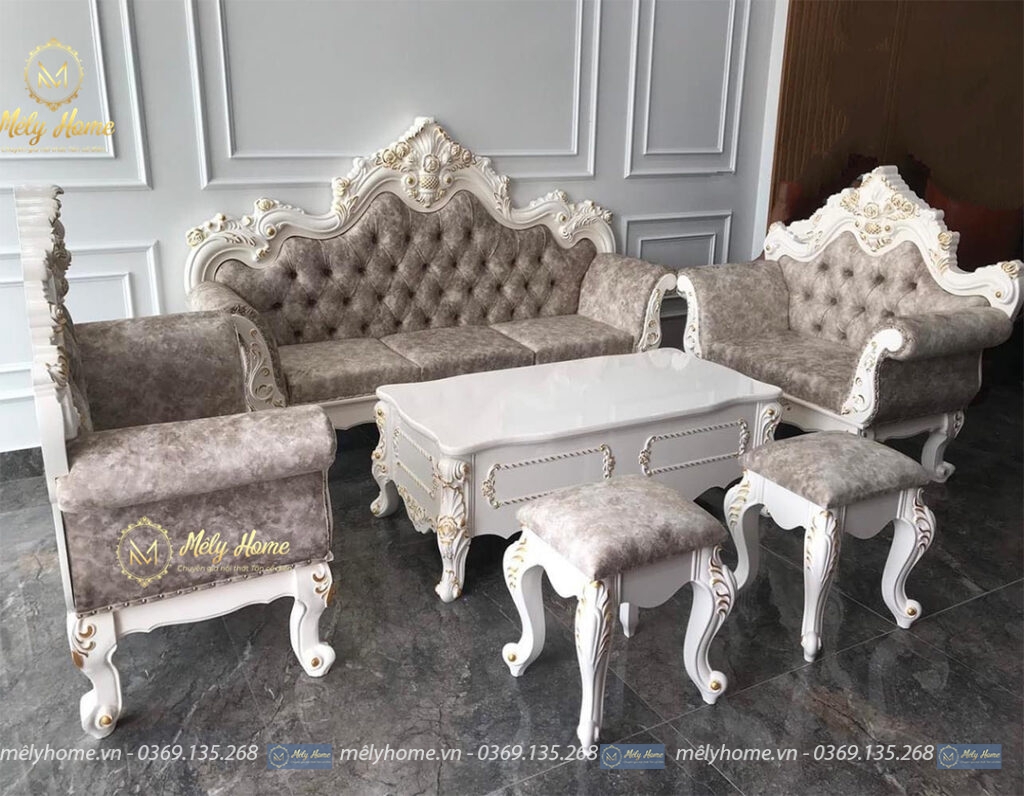 Bộ sofa phân khúc giá rẻ, phong cách tân cổ điển, phối 2 màu khung trắng và màu nhung lông chuột, gồm văng dài 2m2, 2 ghế đơn 1m, bàn trà 1m2 kèm 2 đôn nhỏ