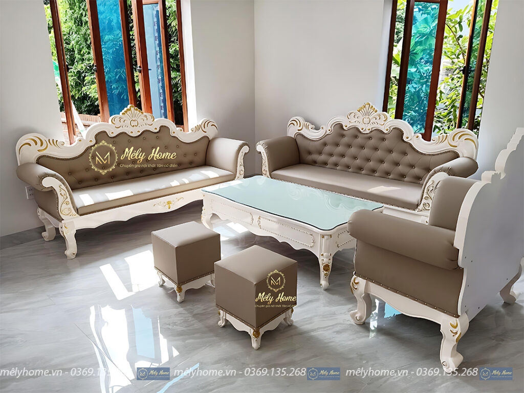 Bộ sofa tân cổ điển chuyện dụng cho spa, tiệm nail, gồm 2 văng dài 2m2, ghế đơn 90cm, bàn trà 1m2, 2 đôn nhỏ, chất liệu MDF, da màu cà phê sang trọng