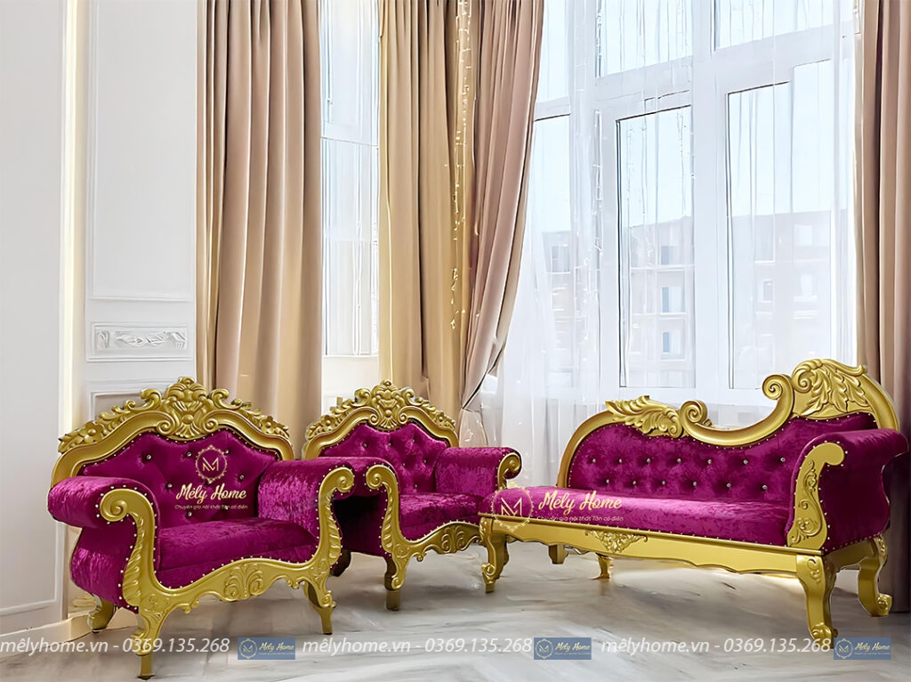 Bộ sofa phong cách tân cổ điển dành cho spa, gồm 2 ghế đơn (90cm) và 1 ghế quý phi (dài 2m), khung phun màu vàng, bọc nhung màu đỏ rất đẹp mắt